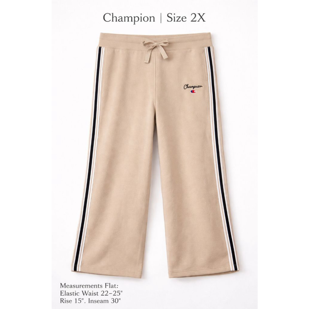 Champion Wide Leg Sweatpants 2X Beige Stripe Logo Athleisure Lounge Pants Plus - Picture 2 of 11